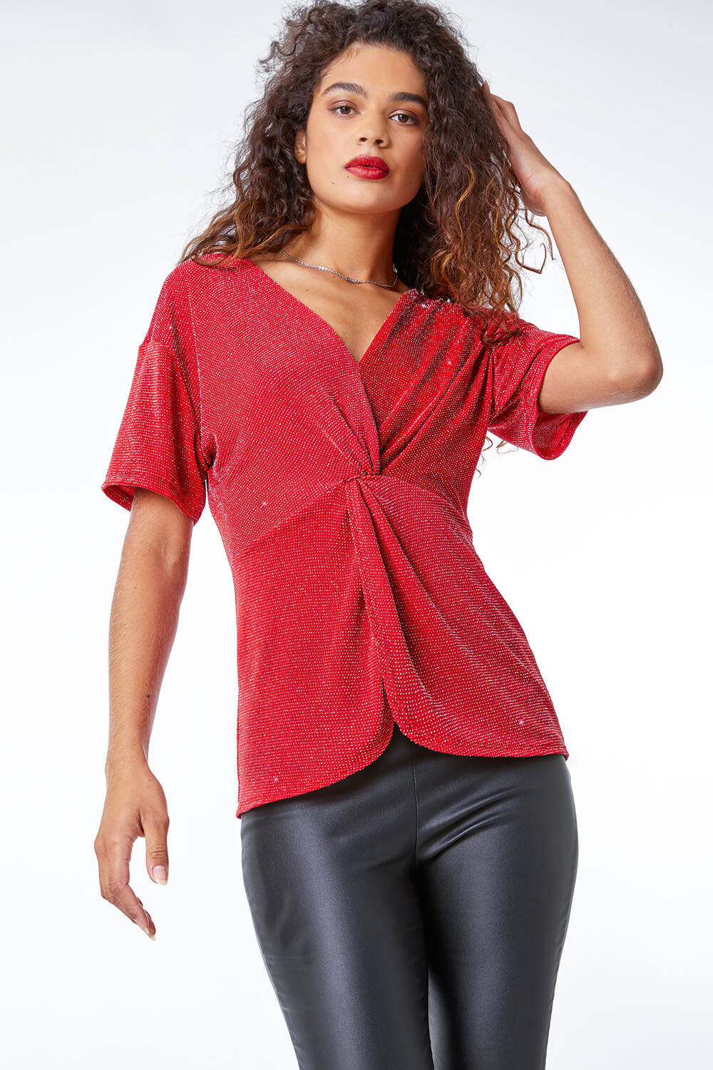 Red Twist Front Sparkle Stretch Top, Image 2 of 5