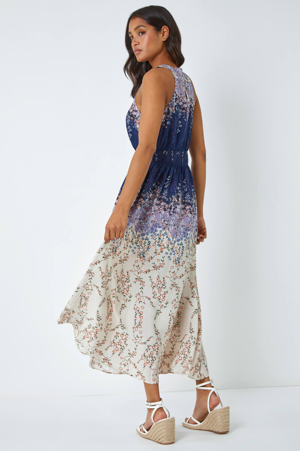 Navy  Ombre Floral Halter Neck Maxi Dress, Image 3 of 5