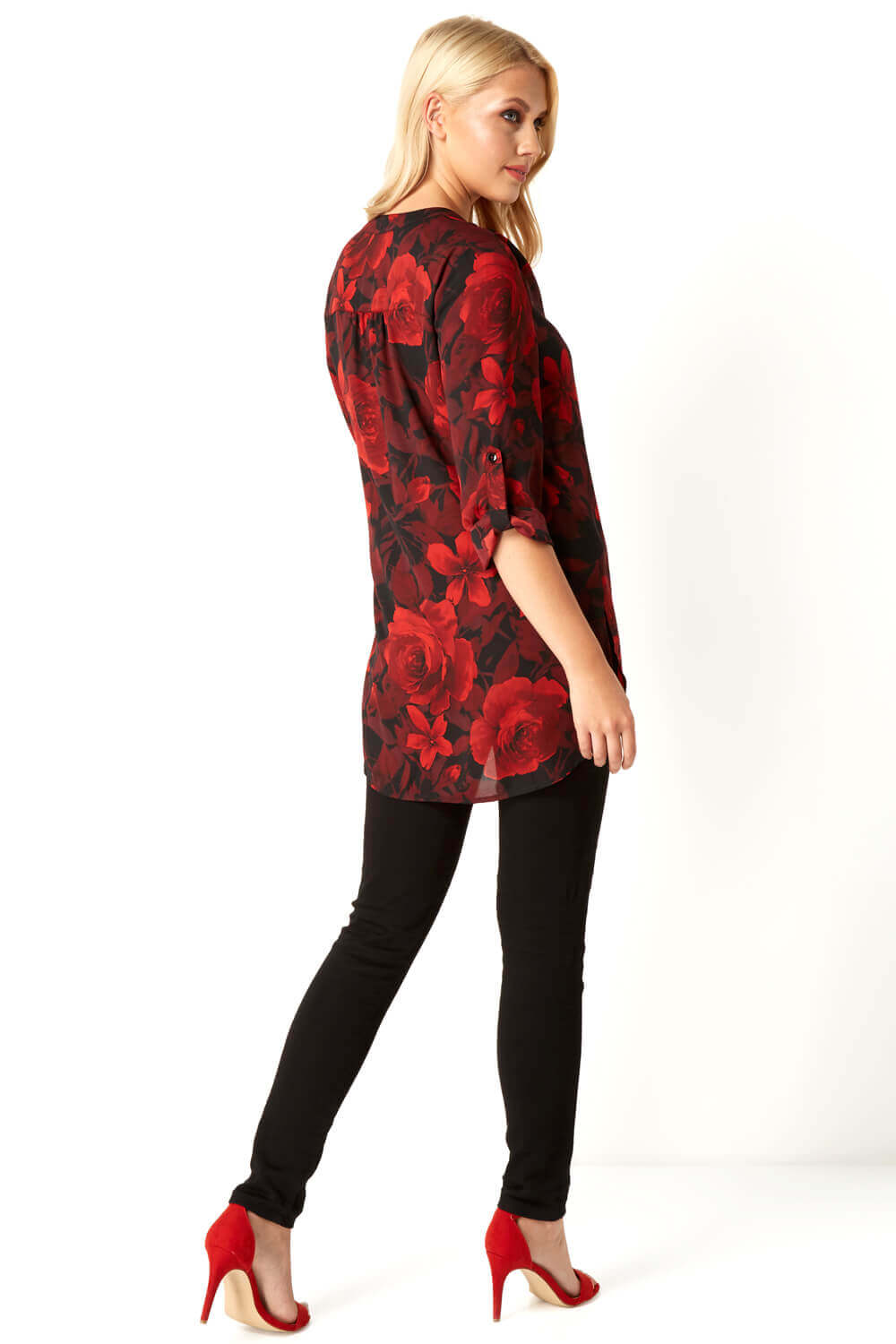 Red 3/4 Sleeve Rose Print Floral Button Up Blouse, Image 3 of 3