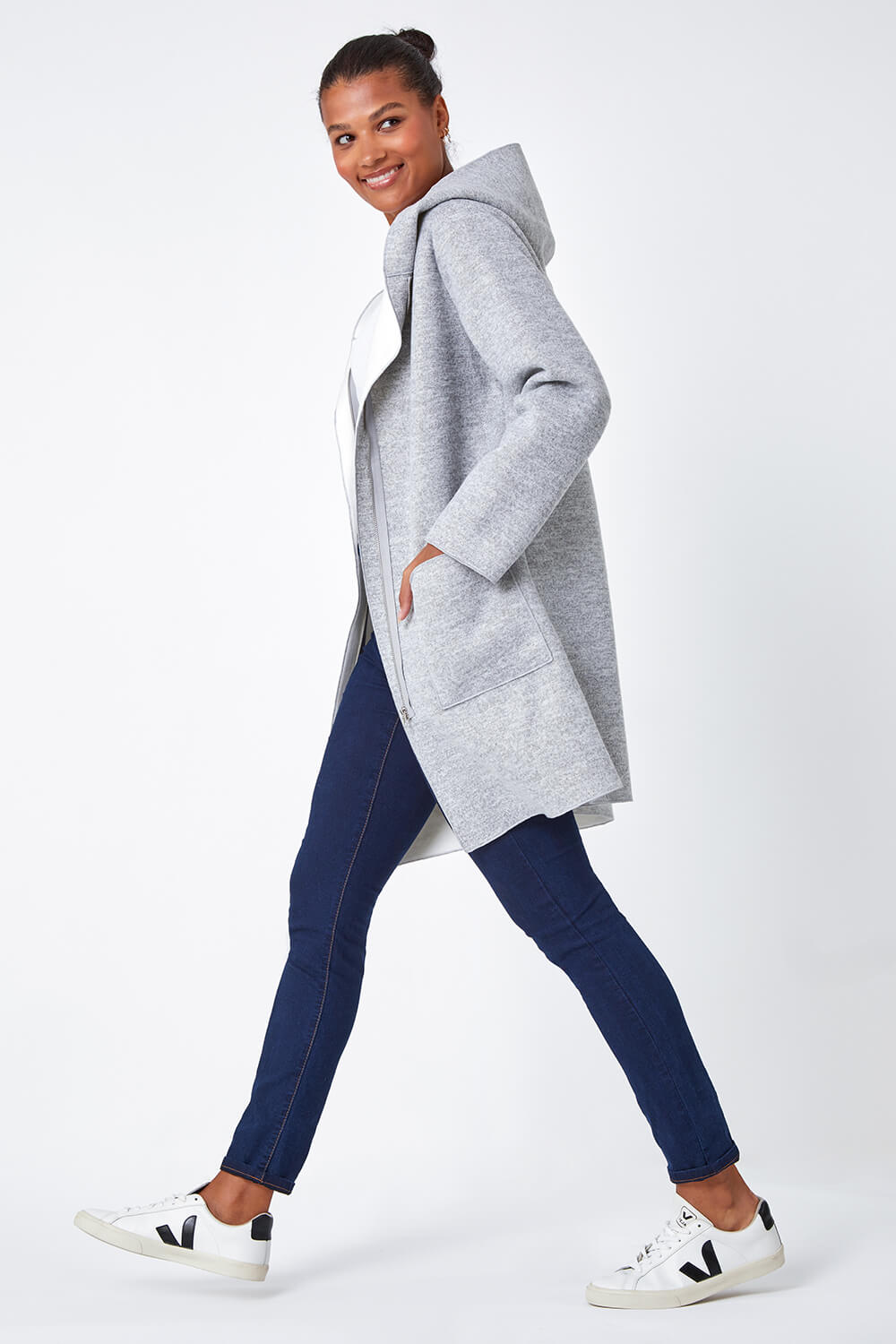 Grey Longline Hooded Stretch Coat, Image 1 of 5