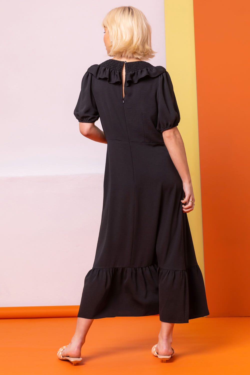Black Frill Collar Detail Midi Dress, Image 2 of 5