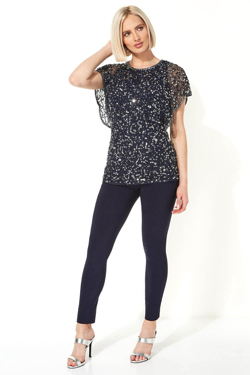 Midnight Blue Sequin Embellished Angel Sleeve Top, Image 2 of 5