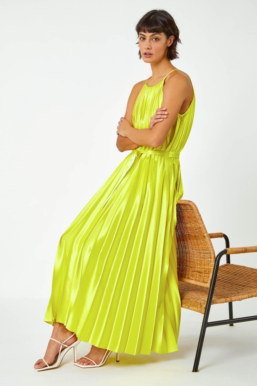 Lime Sleeveless Pleated Halter Neck Midi Dress | Roman UK