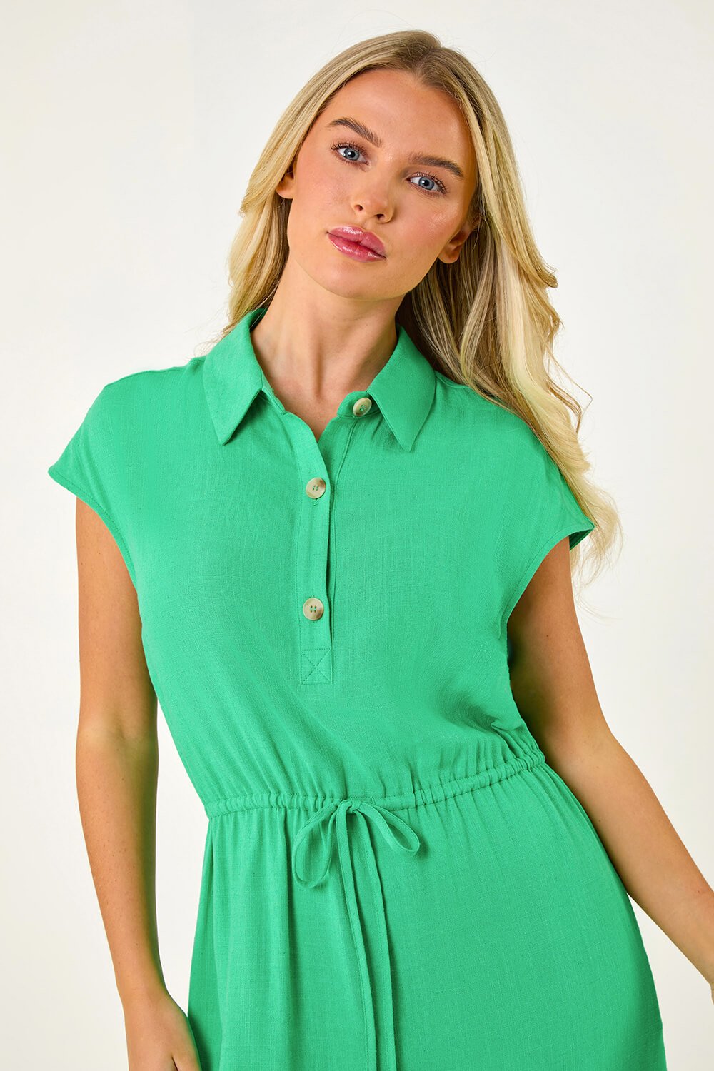 Green Petite Button Detail Tie Waist Shirt Dress, Image 4 of 5