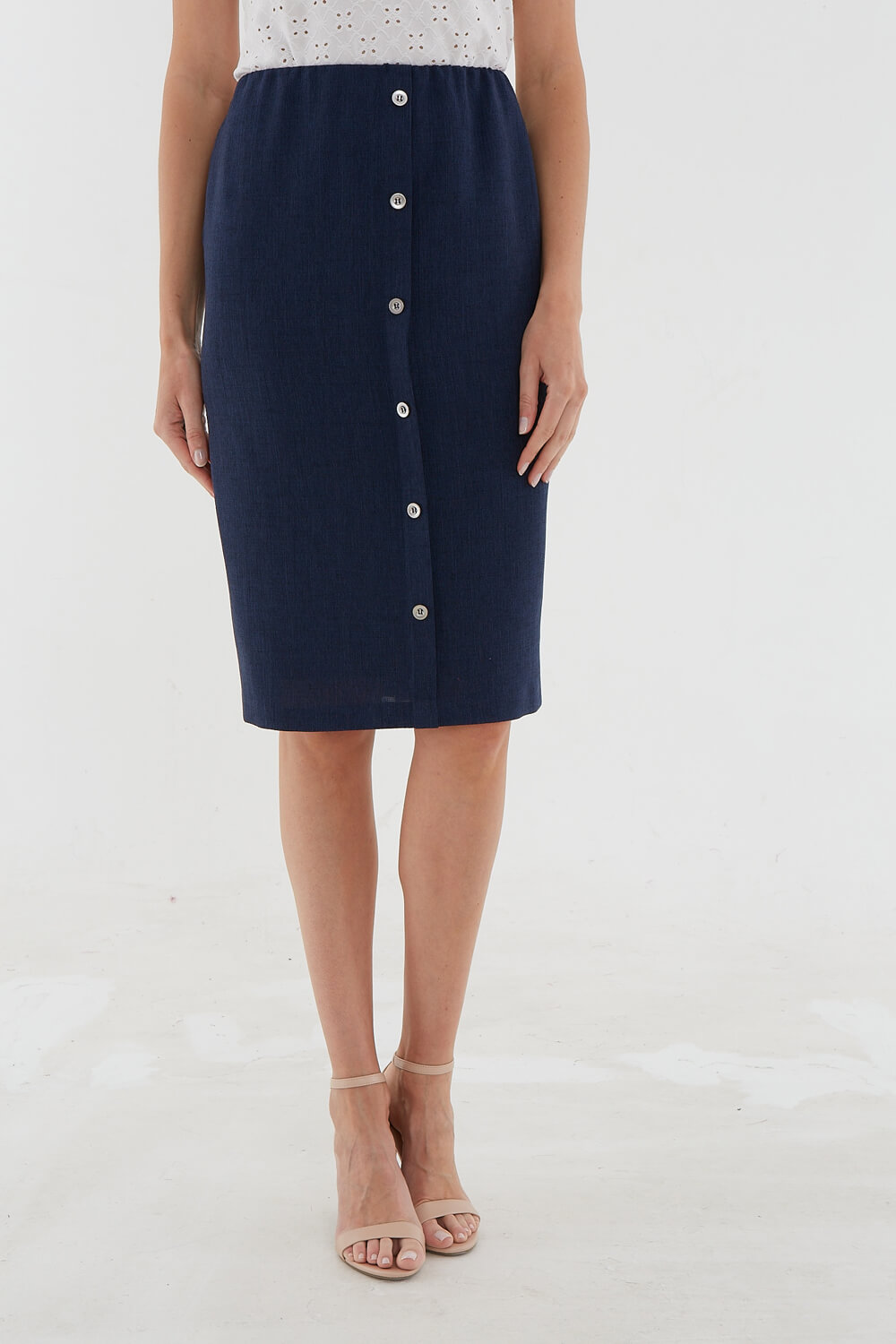 Navy  Julianna Knee Length Button Skirt, Image 2 of 3