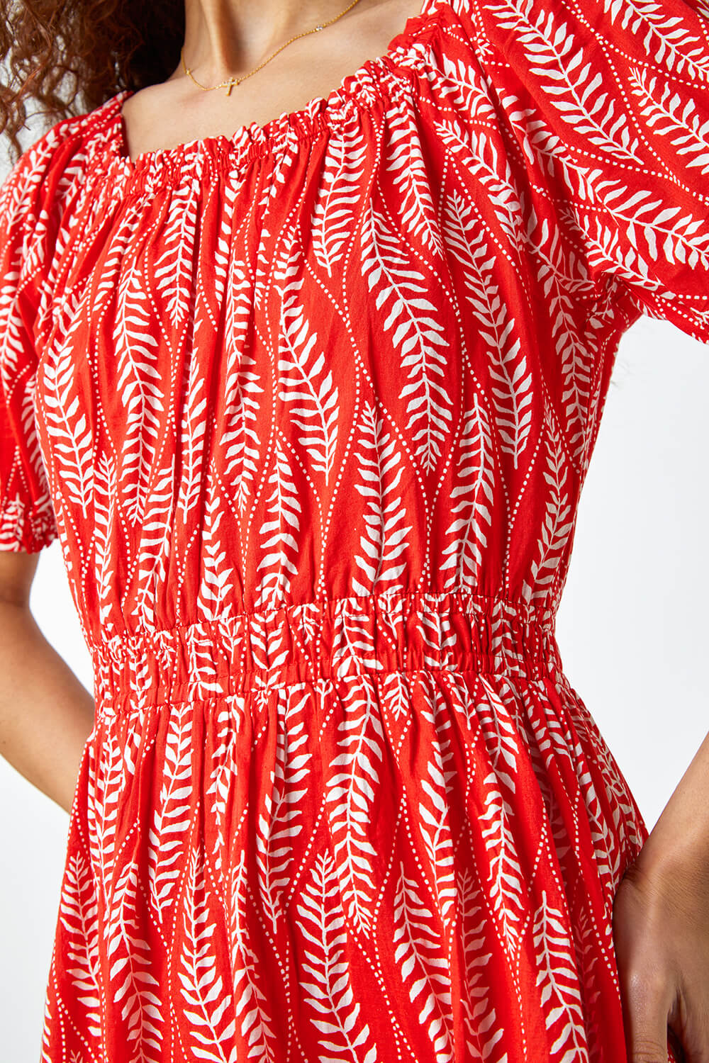 Red Leaf Print Stretch Neck Midi Dress, Image 5 of 5