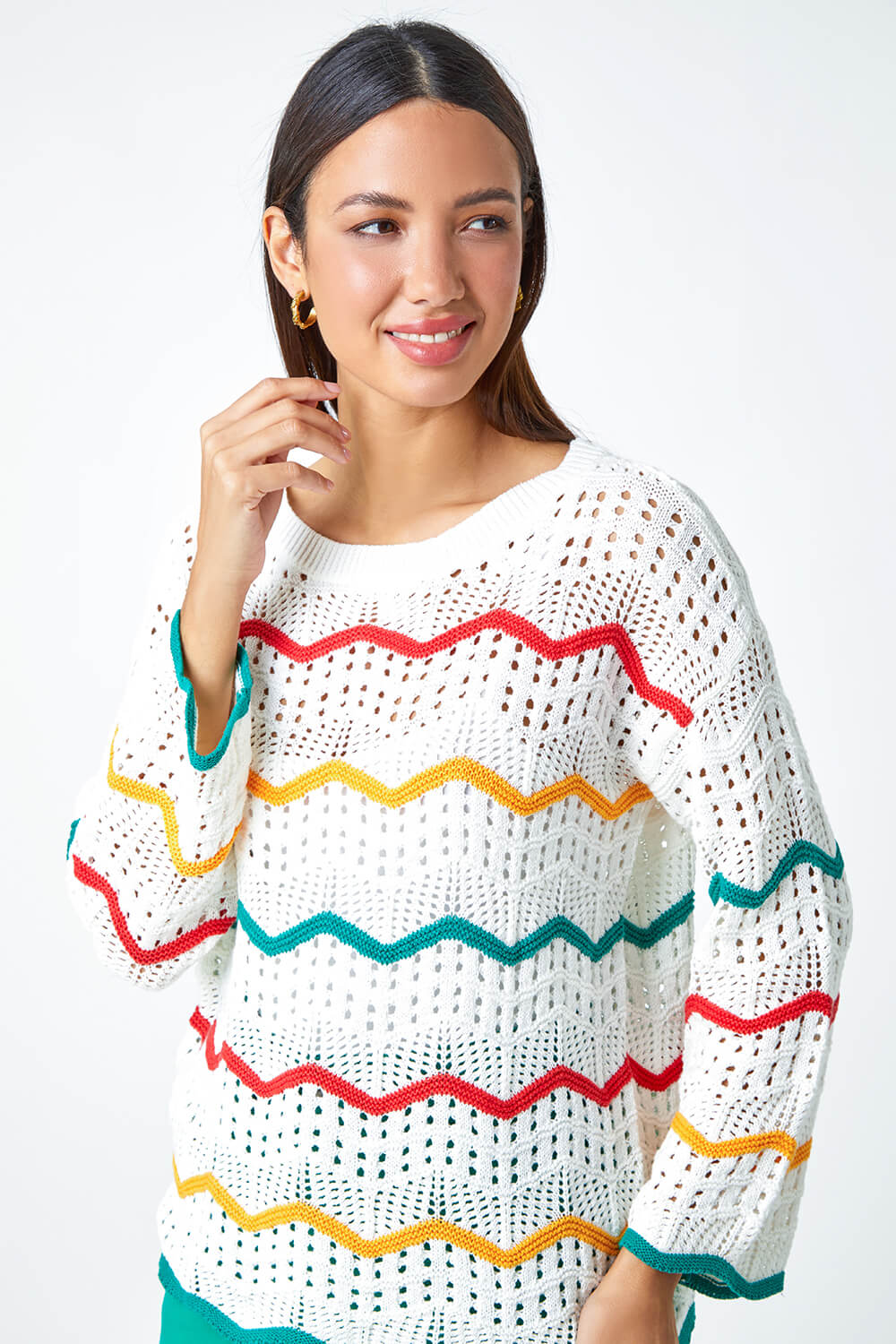Multi  Cotton Blend Stripe Print Crochet Jumper, Image 4 of 5