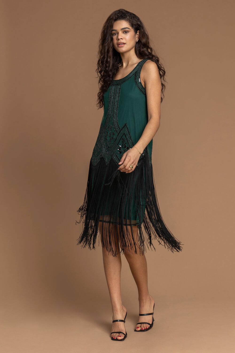 Forest  Sequin Fringe Hem Flapper Dress, Image 3 of 5