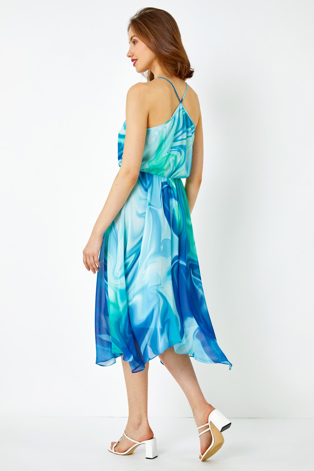 Blue Tie Dye Halter Neck Midi Dress, Image 3 of 5