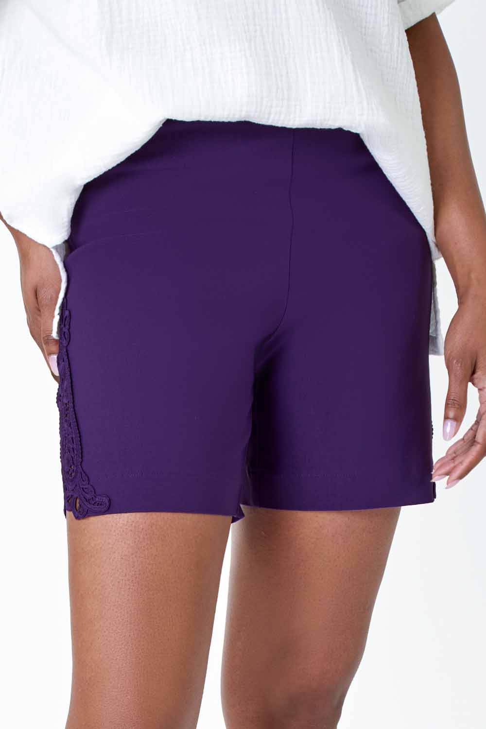 Purple Lace Trim Stretch Shorts, Image 4 of 5