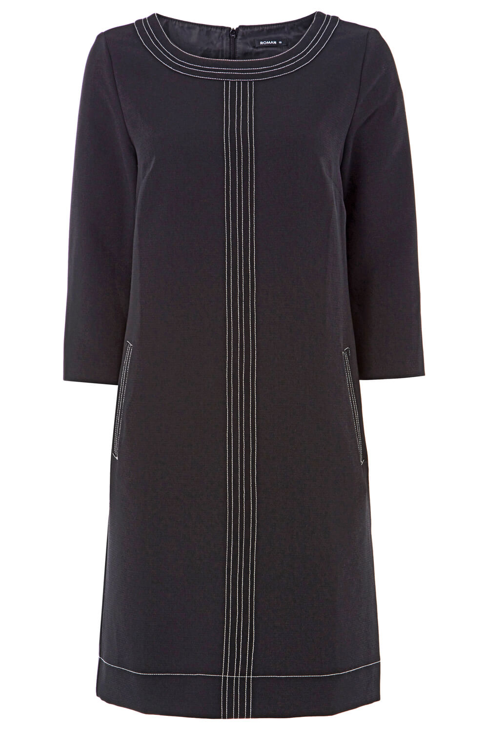 Black 3/4 Sleeve Top Stitch Shift Dress, Image 5 of 5