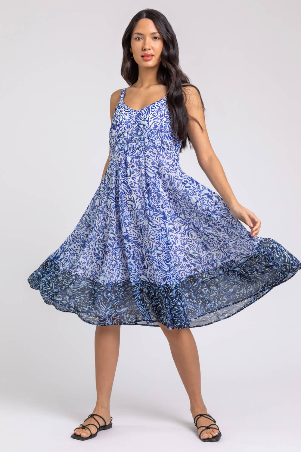 Blue Abstract Border Print Fit & Flare Dress, Image 3 of 5