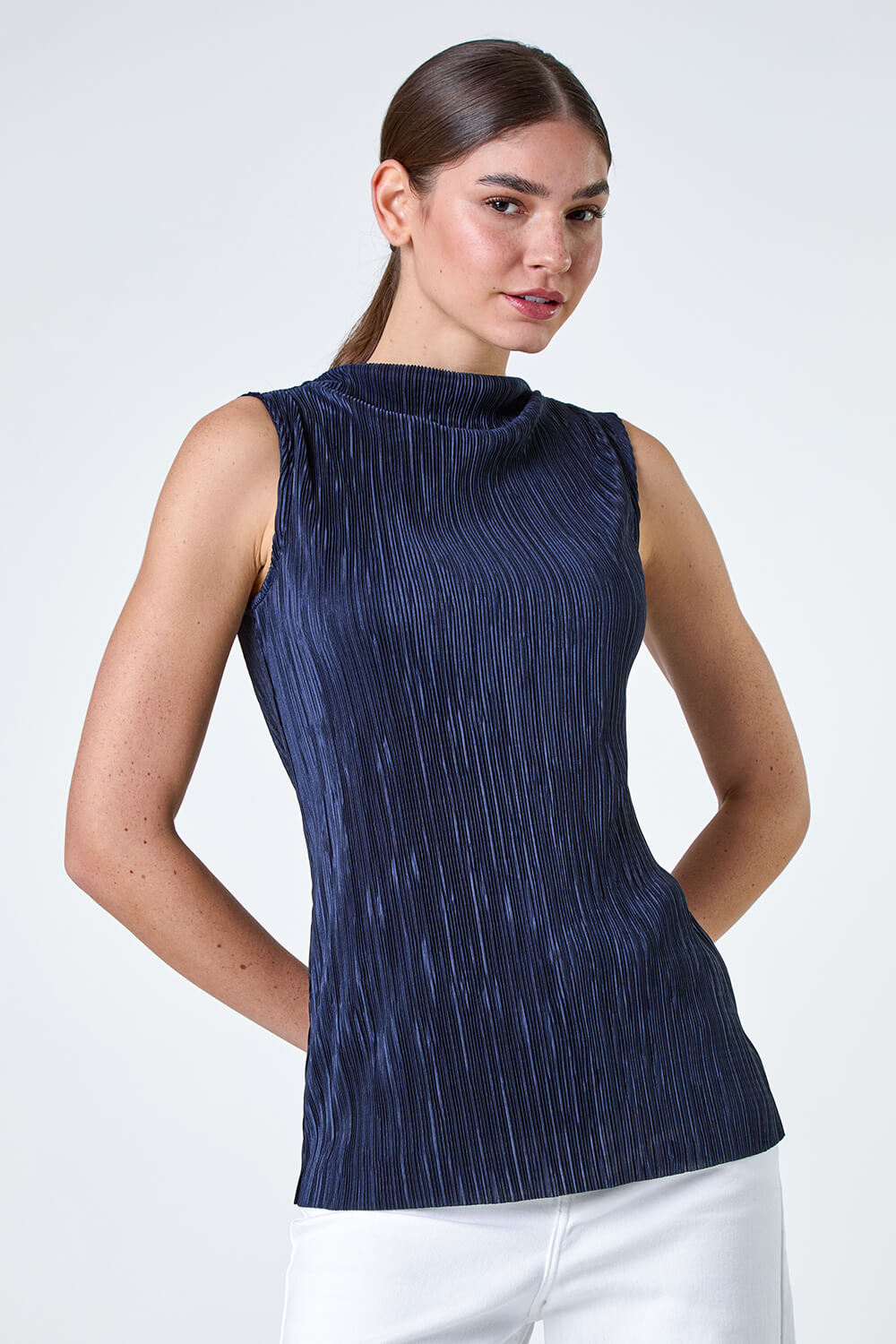 Navy  Plisse High Neck Stretch Top, Image 2 of 5