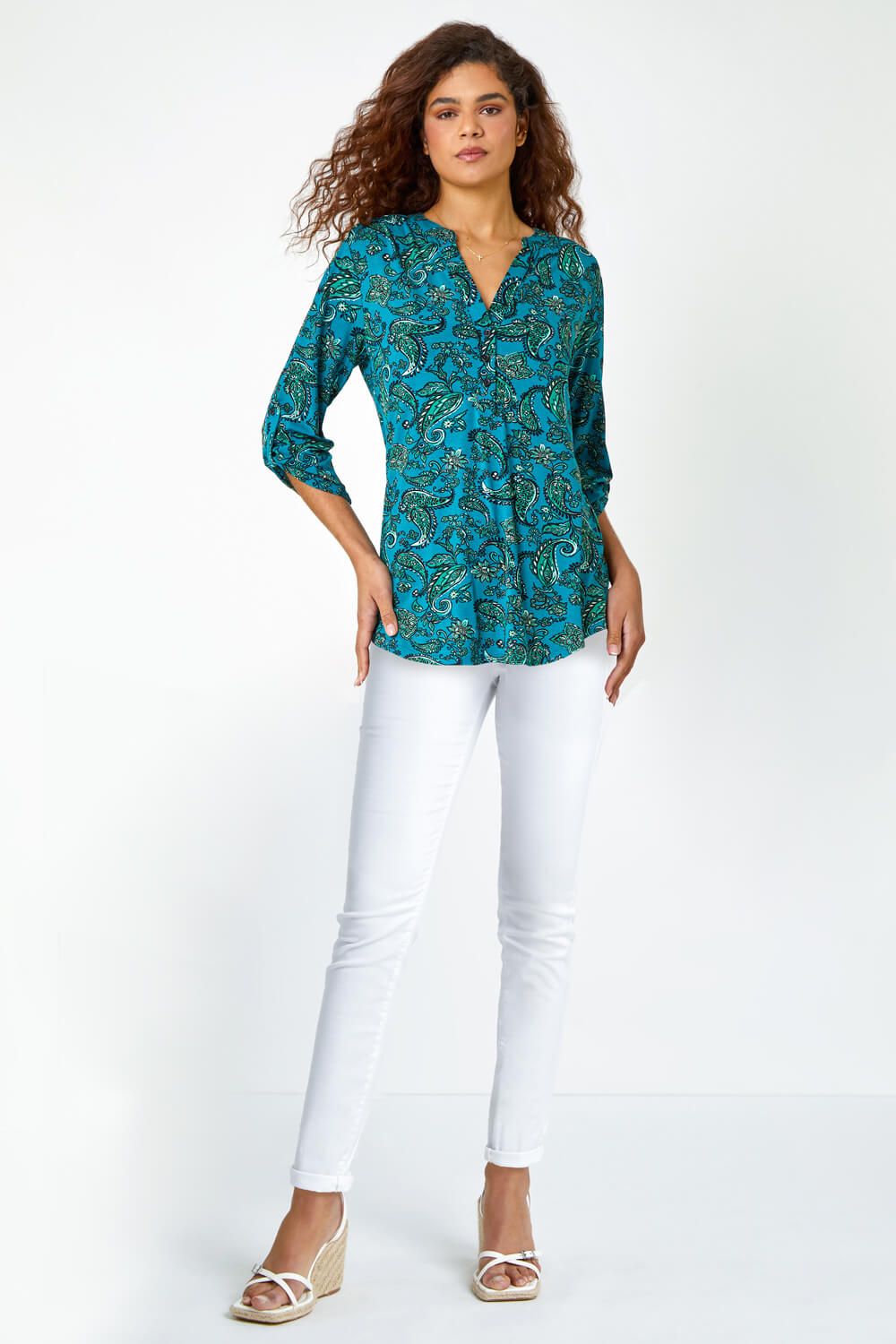 Teal Paisley Jersey Stretch Shirt, Image 2 of 5