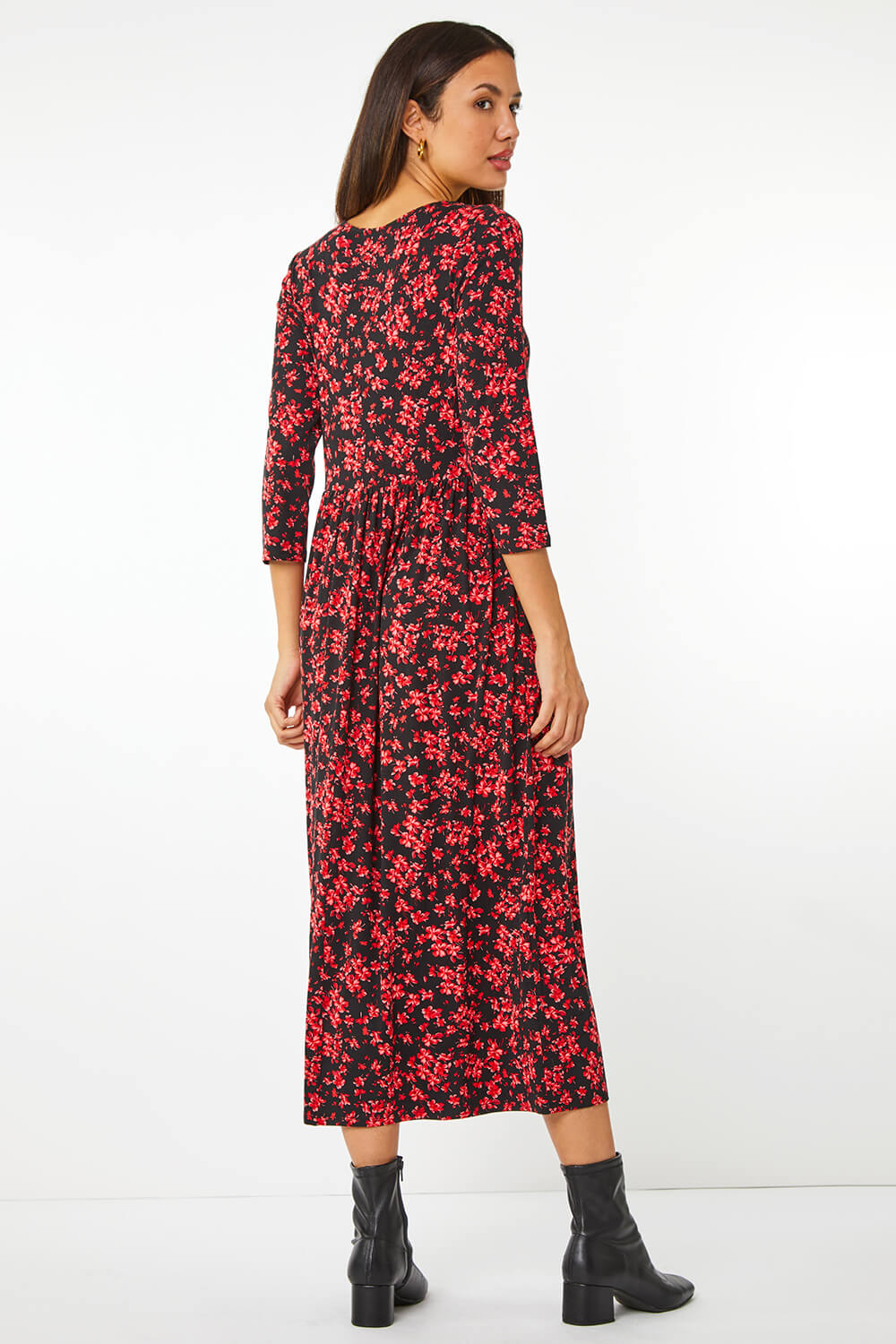Red Ditsy Floral Stretch Midi Dress , Image 2 of 5