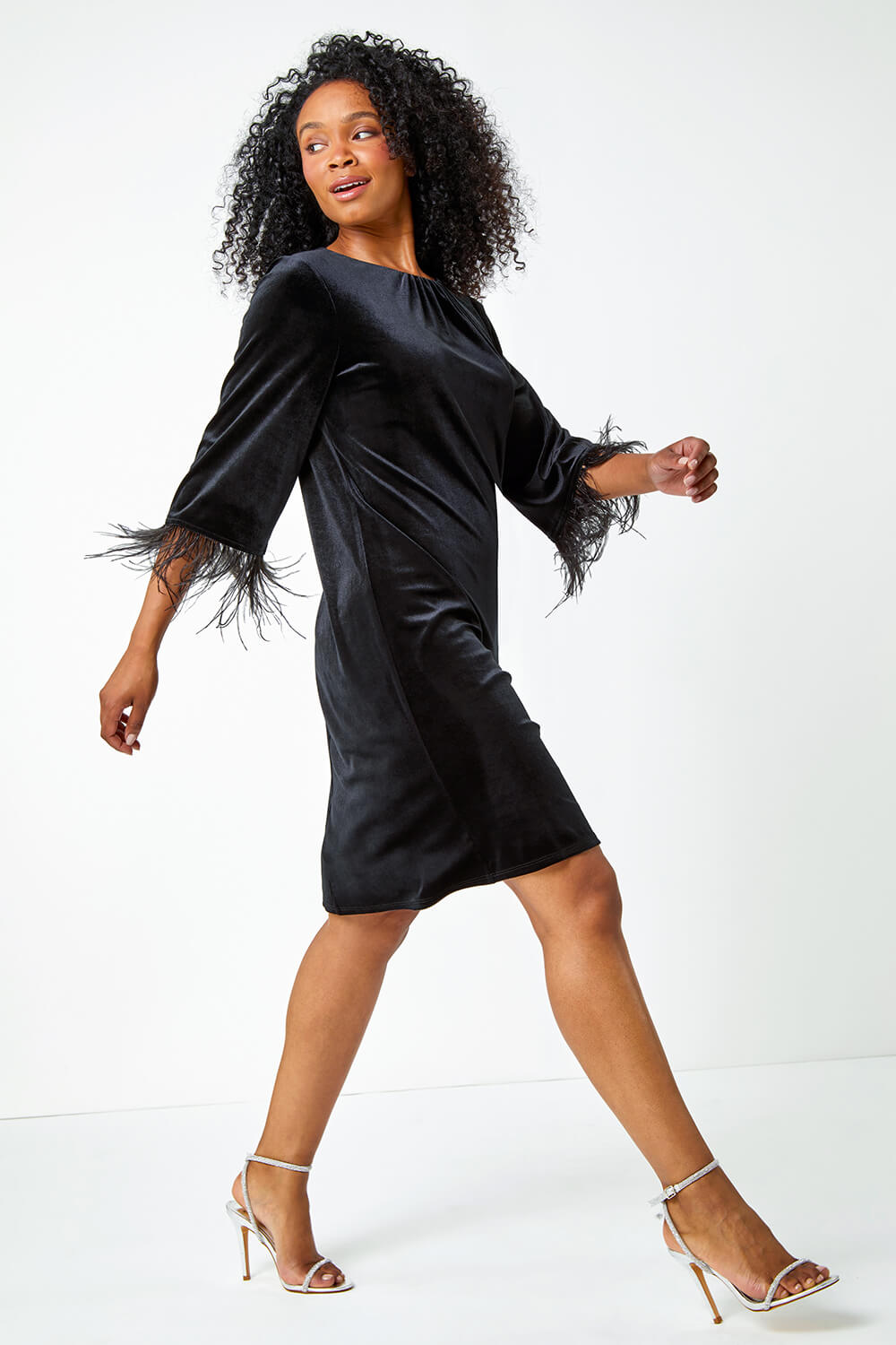 Black Petite Velvet Feather Trim Stretch Dress, Image 3 of 7