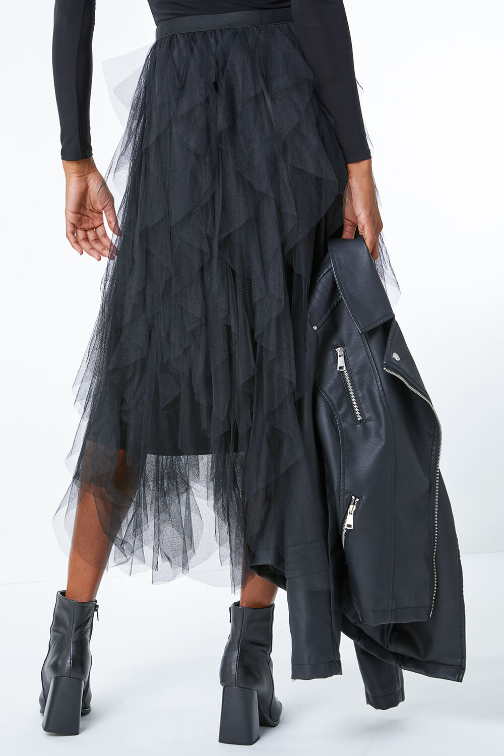 Black Elasticated Mesh Layered Skirt, Image 4 of 5