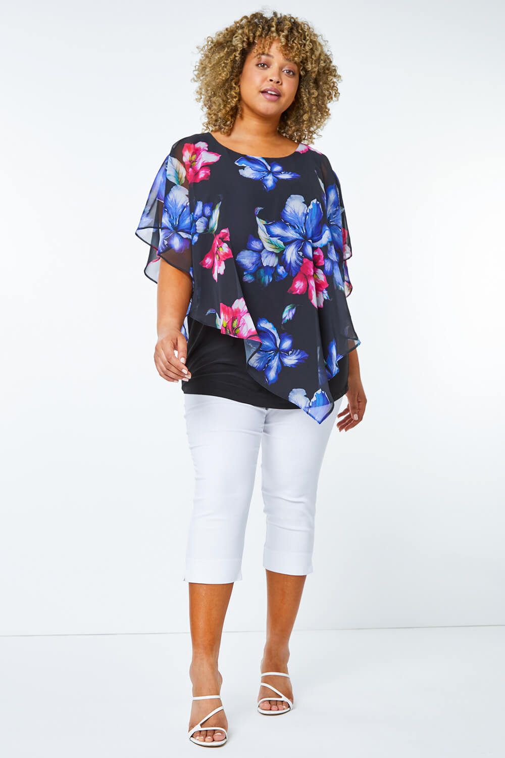 Black Curve Floral Chiffon Overlay Top, Image 2 of 5