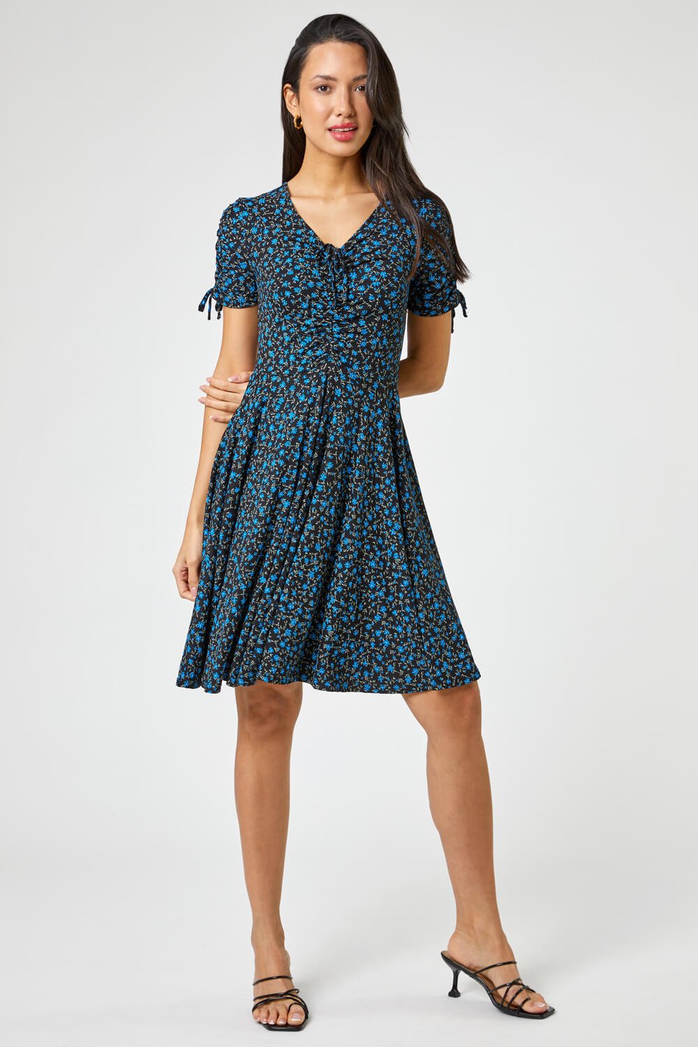 Blue Ditsy Floral Print Ruched Tea Dress, Image 3 of 4