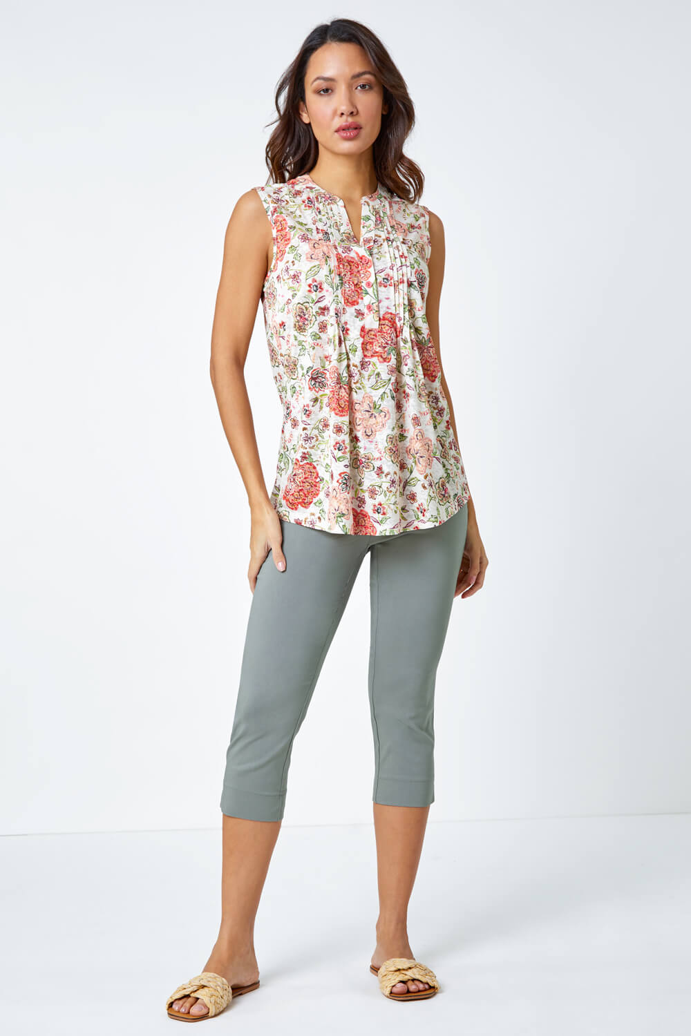 Red Floral Pintuck Detail Stretch Top, Image 2 of 5