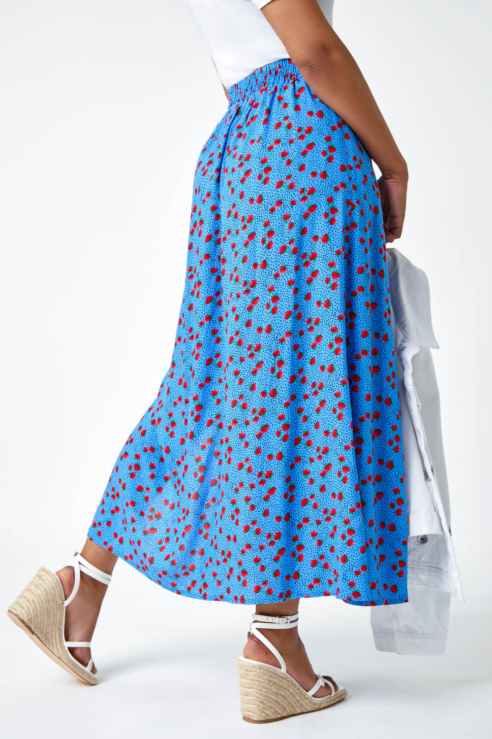 Blue Petite Strawberry Button Stretch Skirt, Image 3 of 5