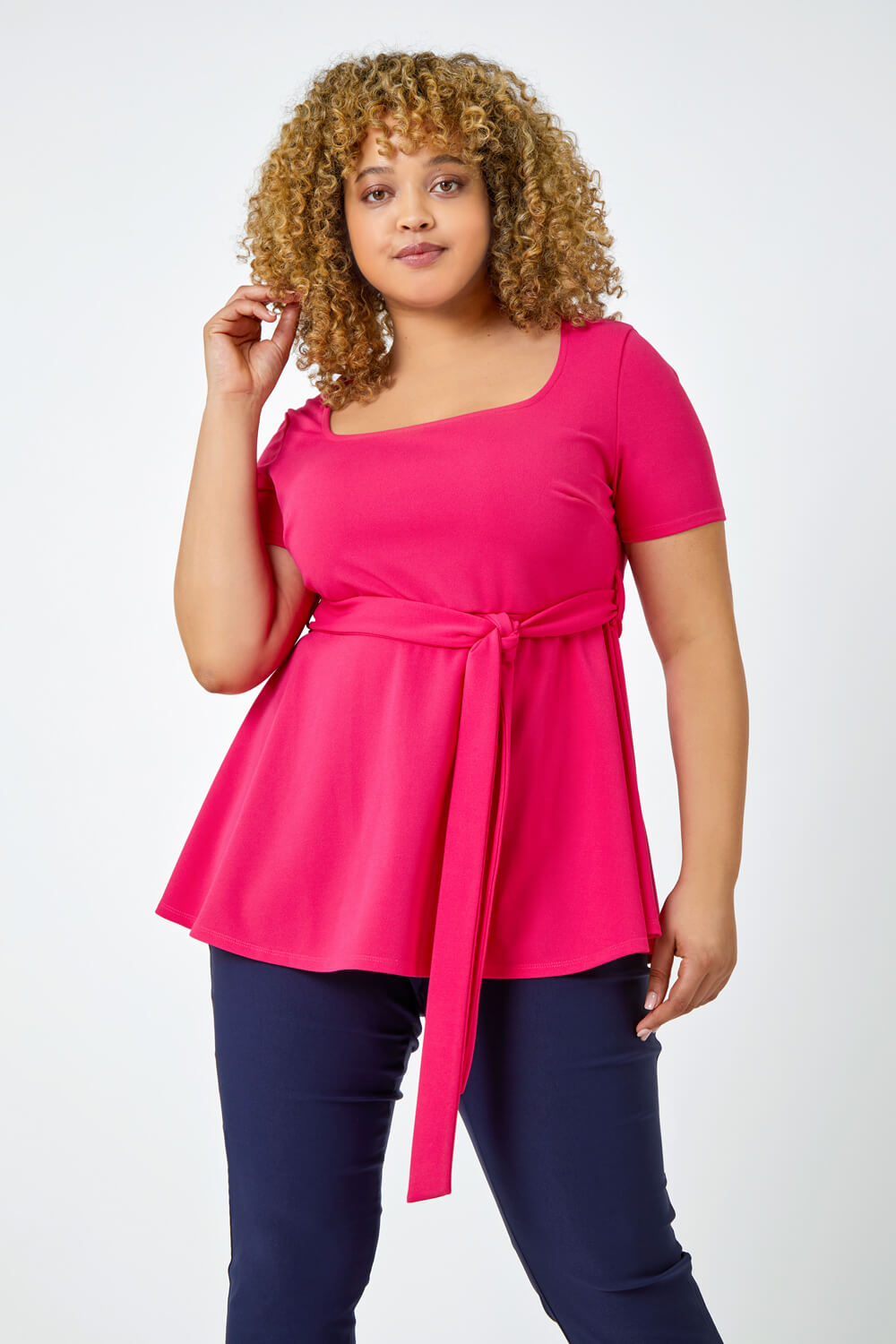 PINK Curve Stretch Belted Peplum Top, Image 4 of 5