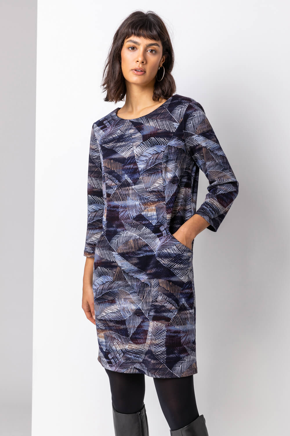 Navy  Abstract Print Pocket Shift Dress, Image 4 of 4