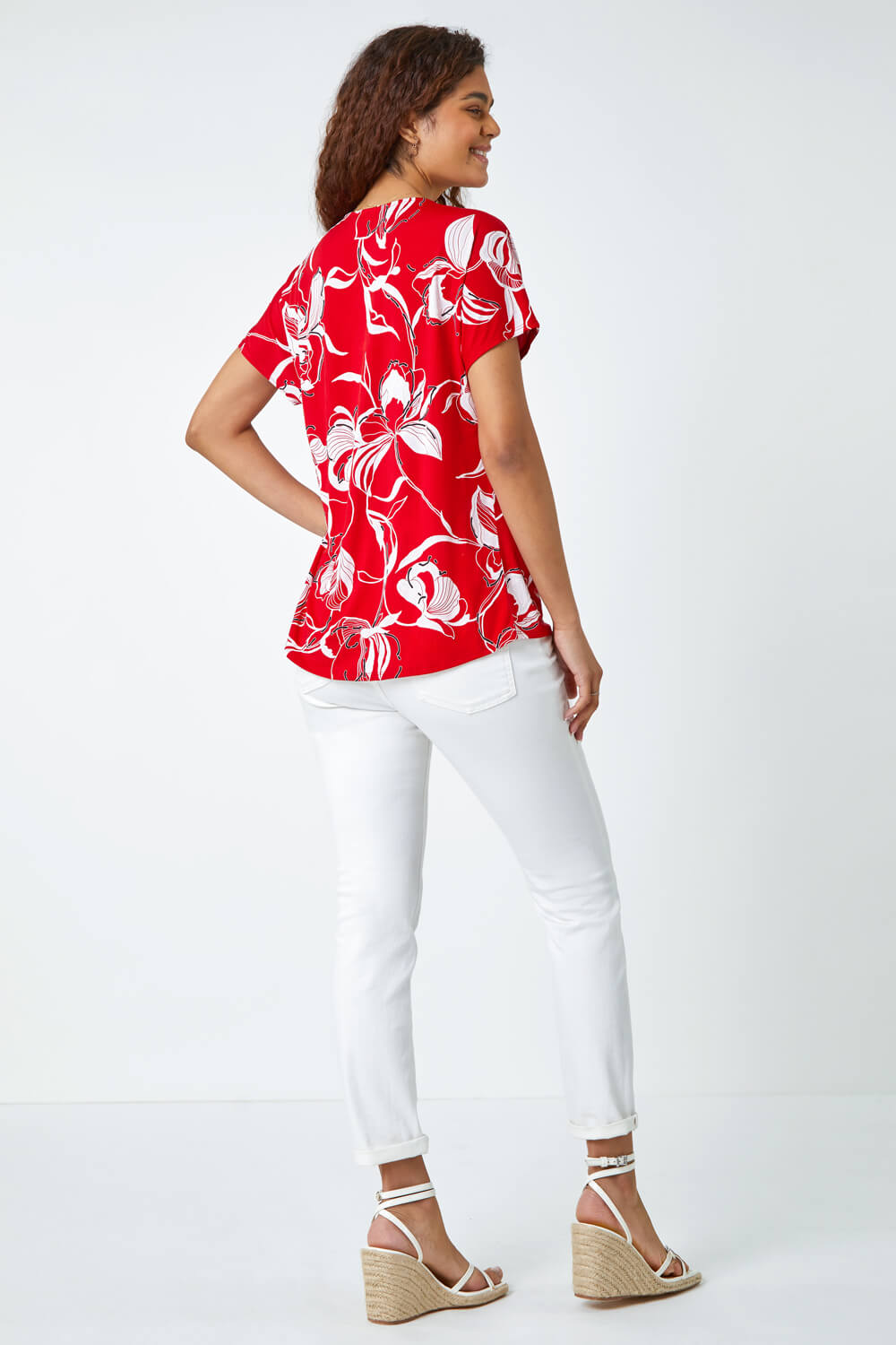 Red Floral Button Detail Stretch Top, Image 3 of 5