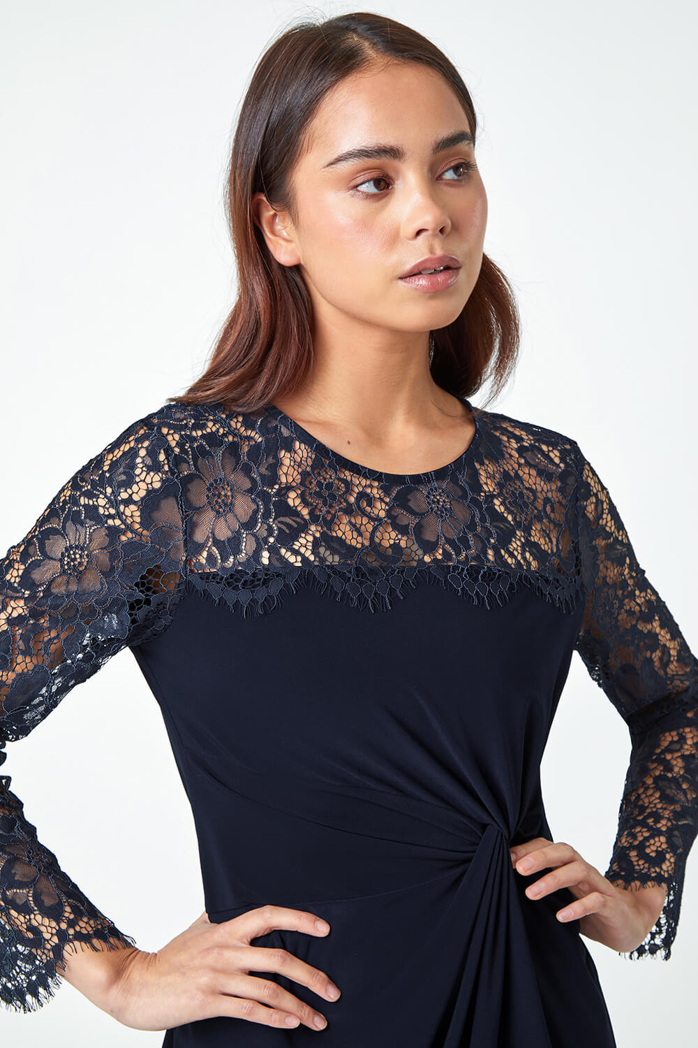 Navy  Petite Lace Detail Knot Front Stretch Dress, Image 4 of 5