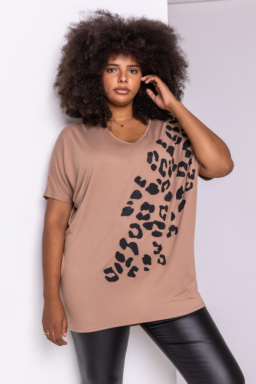 Curve Embellished Animal Print T-Shirt