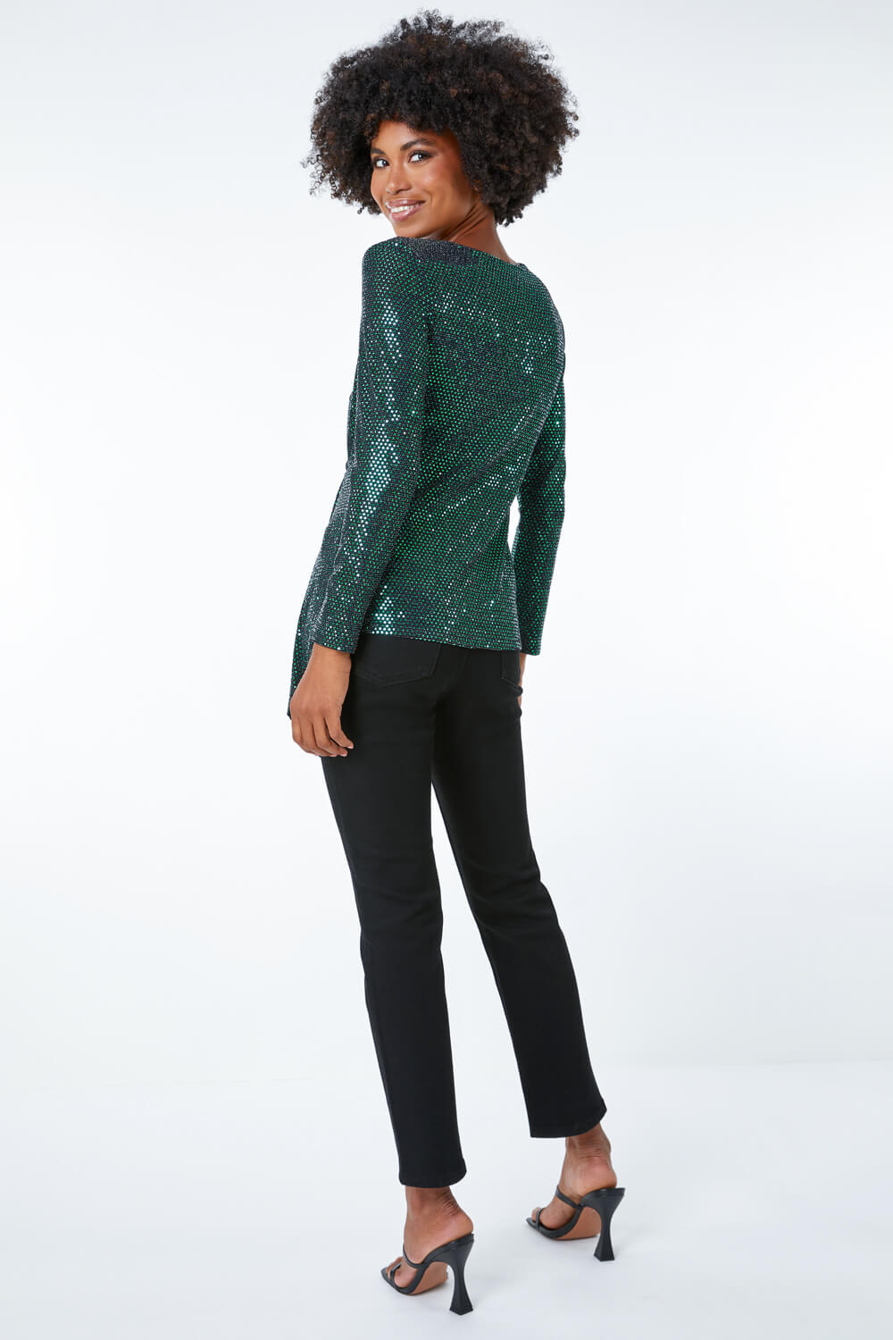 Green Sequin Ruched Waist Jersey Top, Image 3 of 5