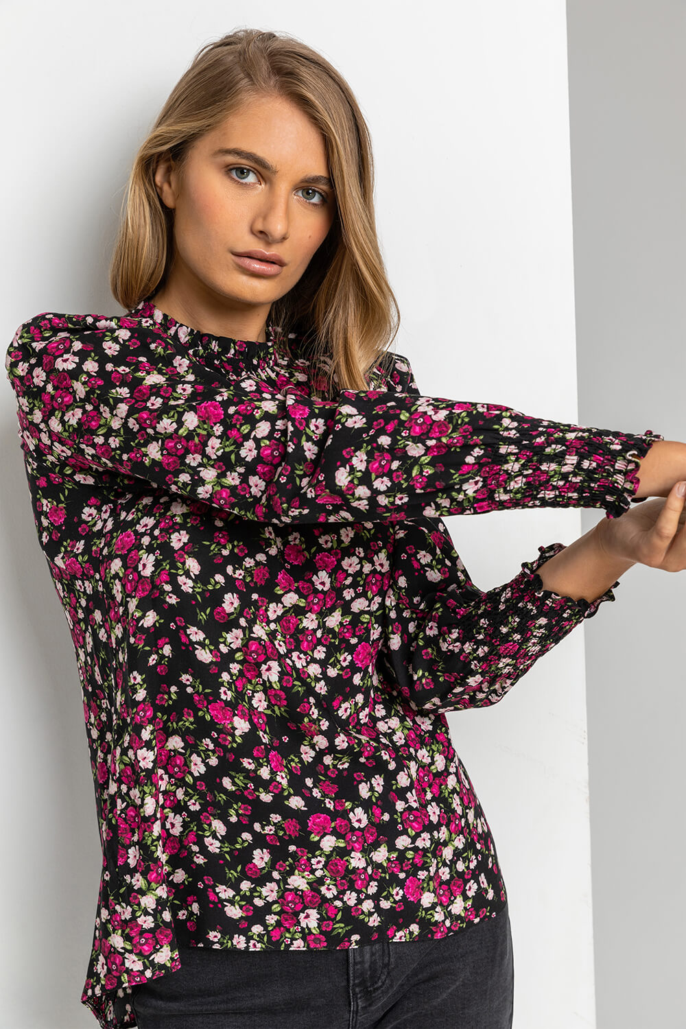 Black Ditsy Floral Frill Neck Blouse, Image 4 of 4