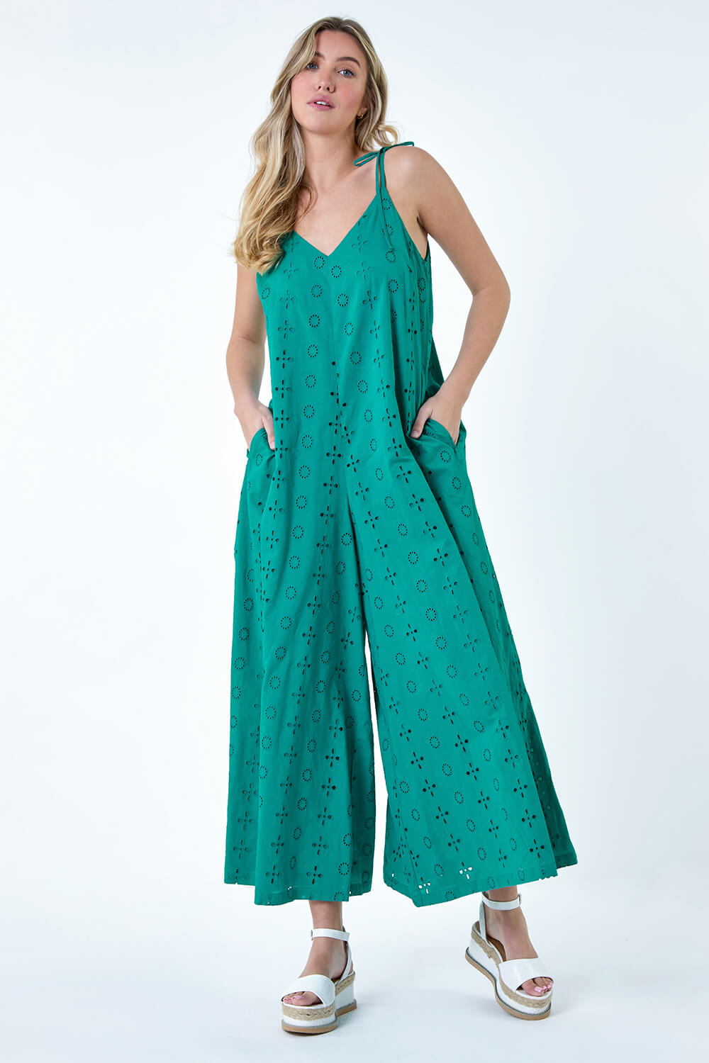 Turquoise Cotton Broderie Pocket Wide Leg Jumpsuit, Image 2 of 5