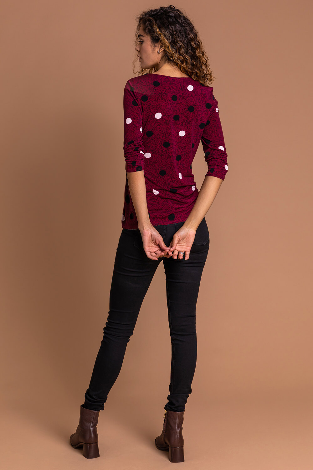 Bordeaux Polka Dot Ruched 3/4 Sleeve Jersey Top, Image 2 of 5