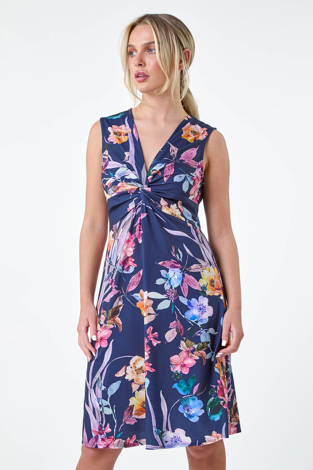 Navy  Petite Floral Twist Front Stretch Dress, Image 2 of 5