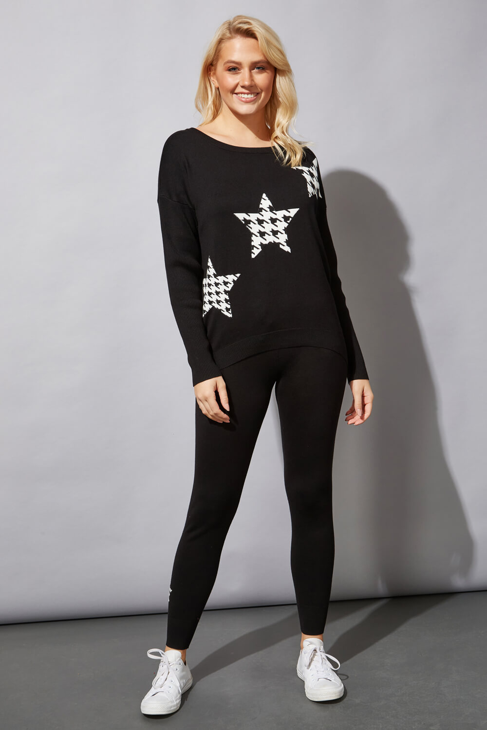Black Knitted Star Print Lounge Pants, Image 3 of 4