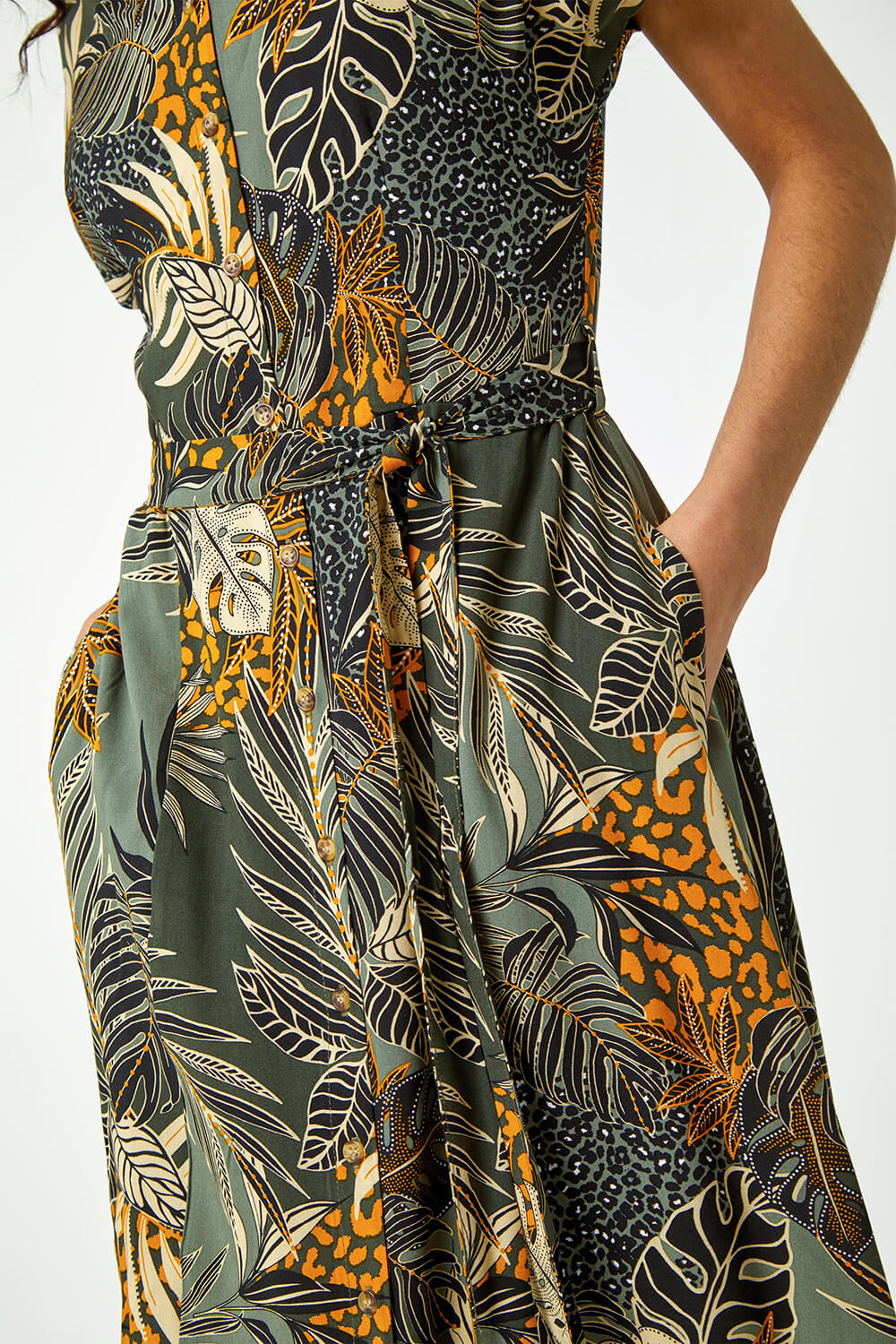 Green Tropical Leaf Print Shirt Dress, Image 5 of 5