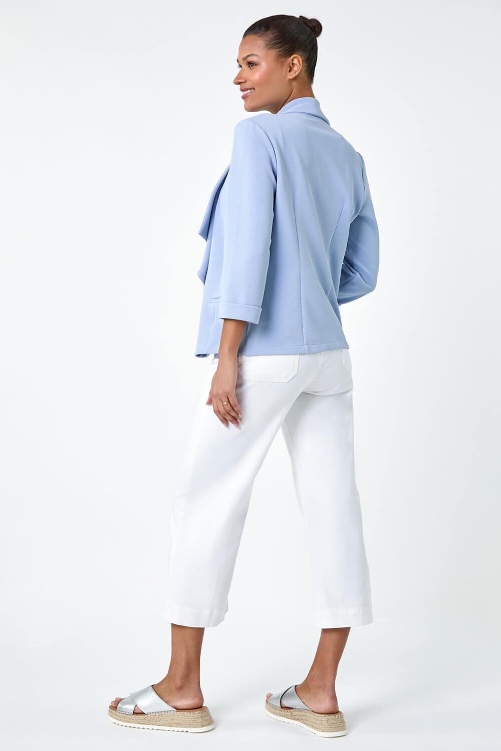 Light Blue  Textured Stretch Waterfall Front Jacket, Image 3 of 6