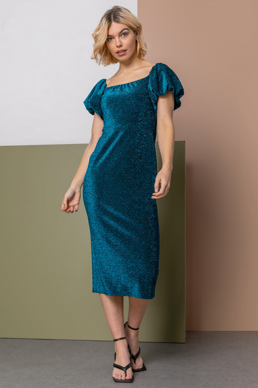 Teal Puff Sleeve Sparkle Midi Dress, Image 4 of 6