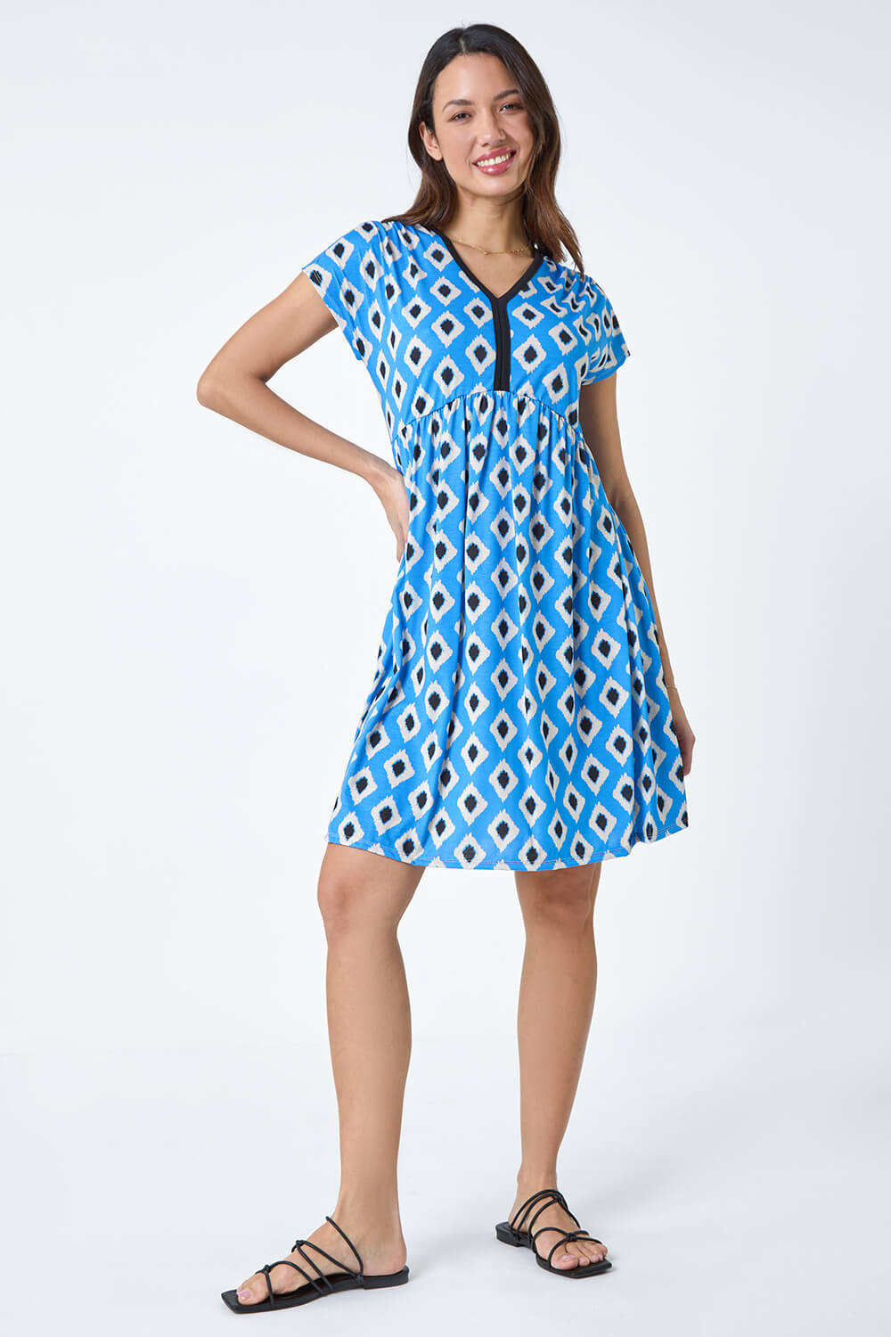 Blue Contrast Geometric Print Stretch Dress, Image 2 of 5