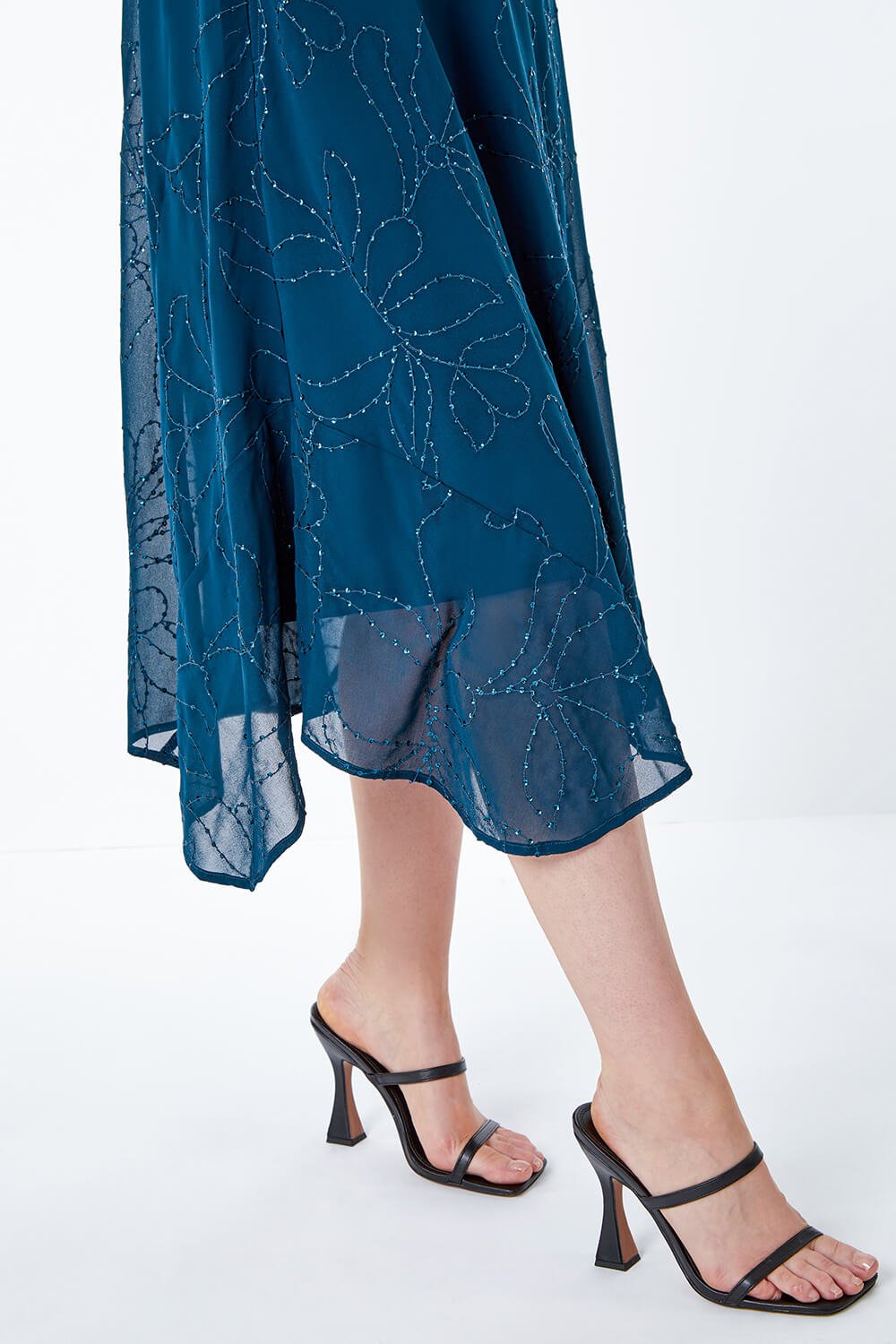 Teal Embroidered Sequin Hanky Hem Dress, Image 5 of 5