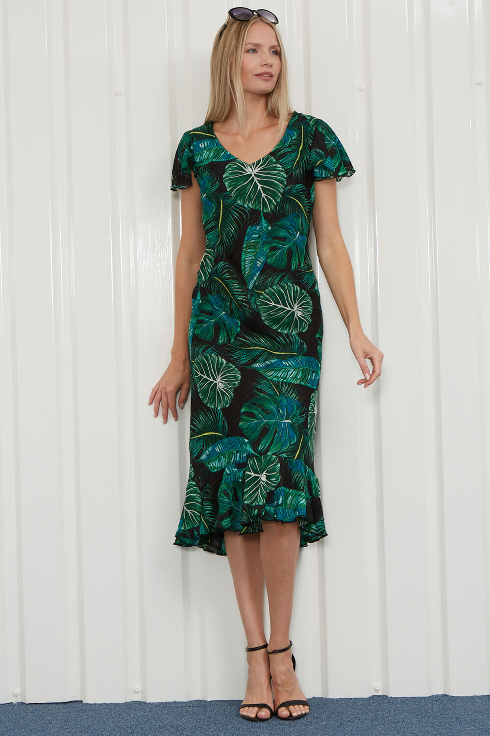 Julianna Tropical Leaf Print Bias Cut Dress