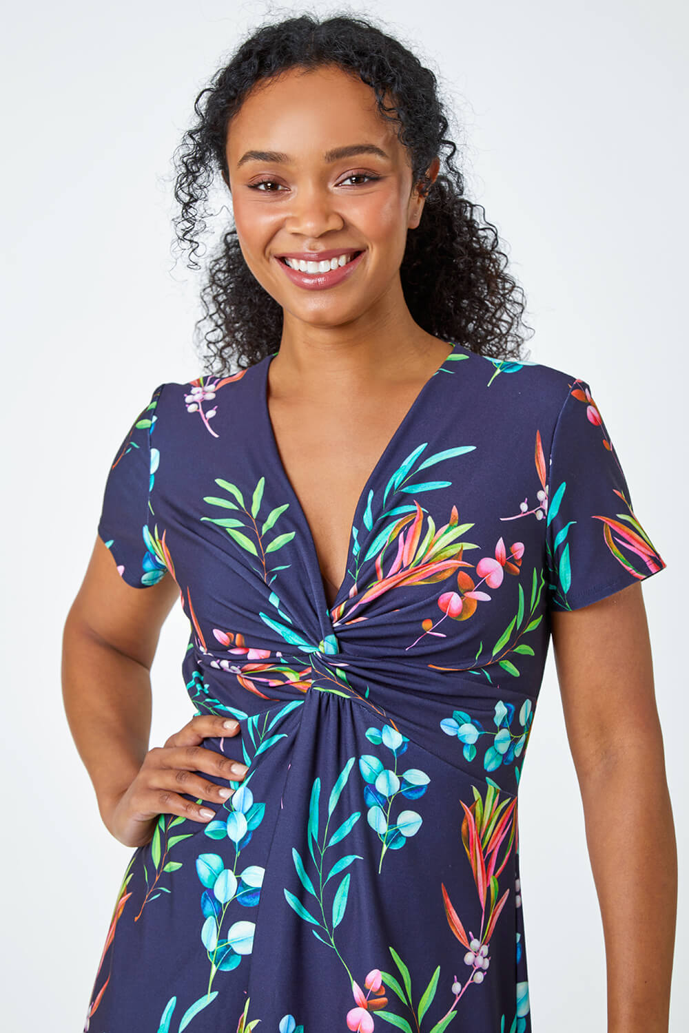 Navy  Petite Floral Twist Detail Stretch Dress, Image 4 of 5