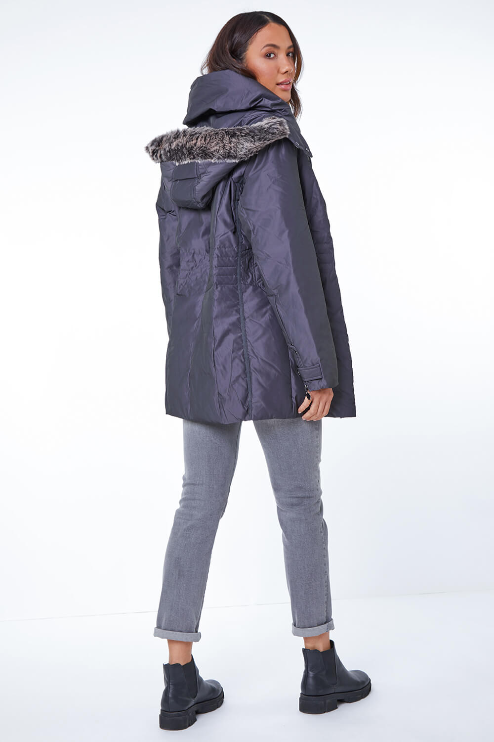 Charcoal Faux Fur Trim Hooded Coat, Image 3 of 5