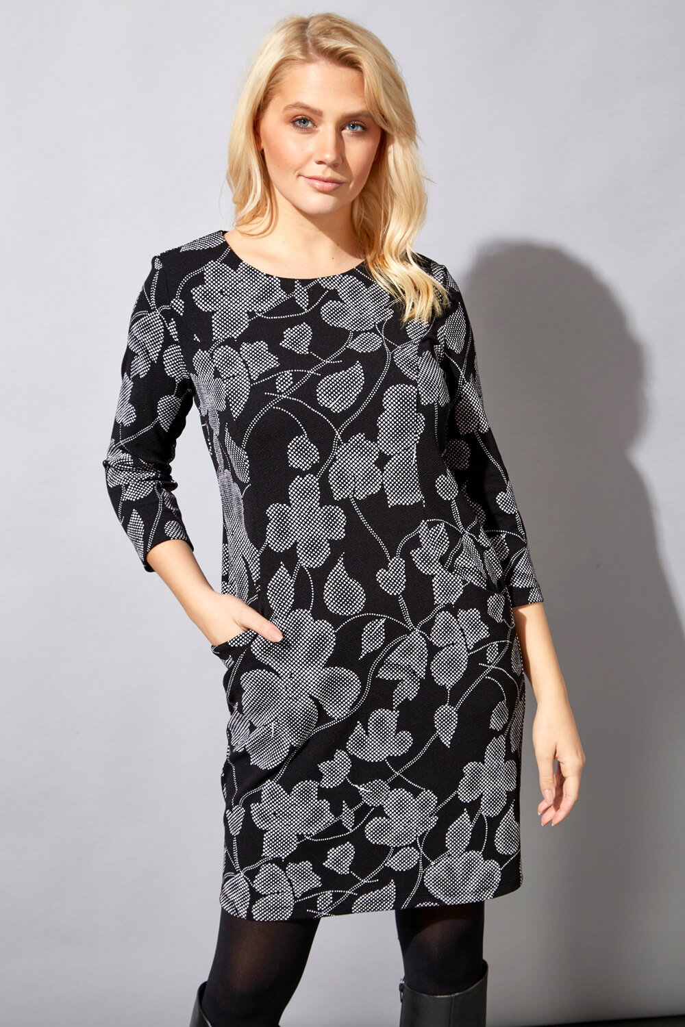 Black Textured Floral Print Pocket Dress, Image 3 of 5