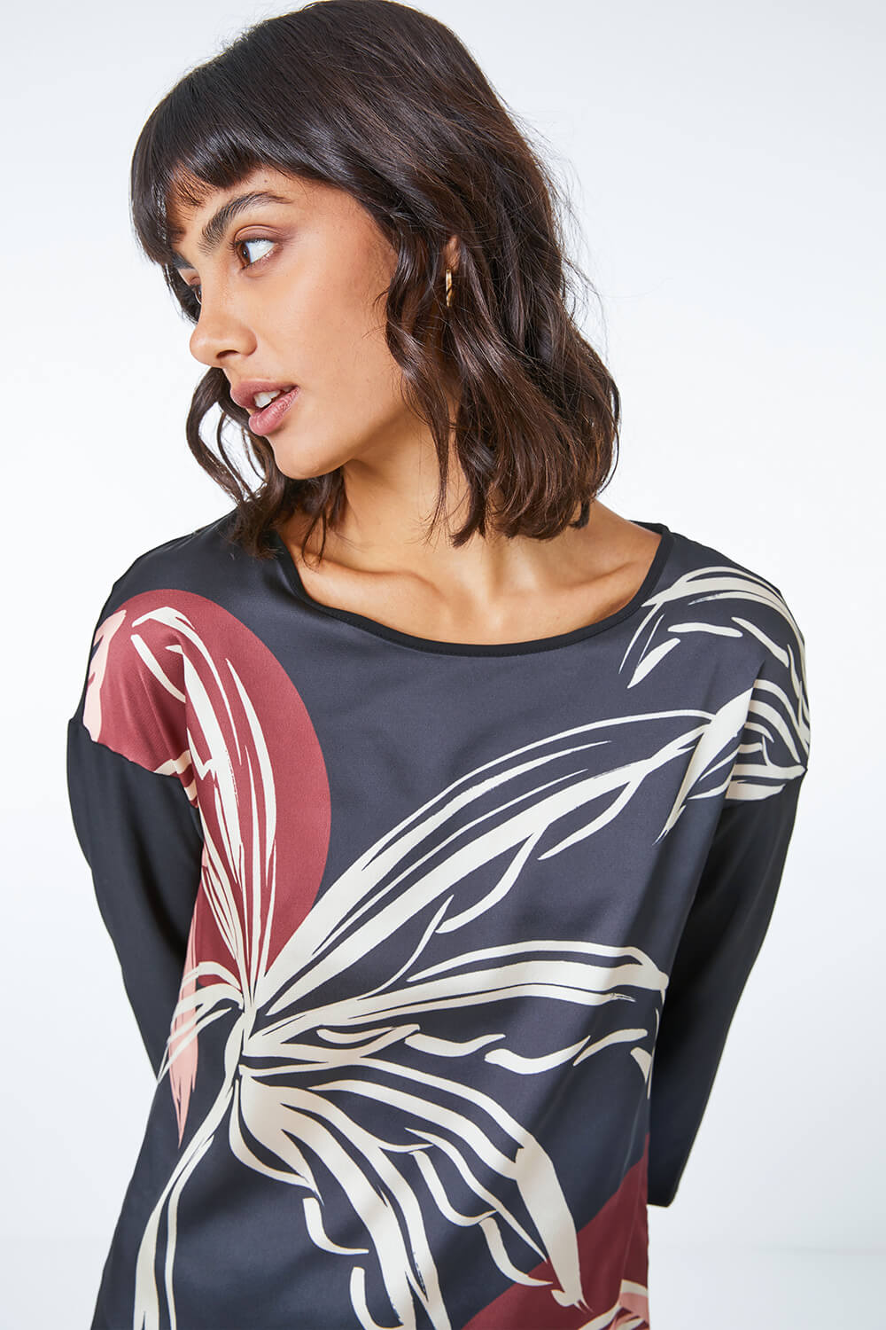 Black Abstract Leaf Print Stretch Tunic , Image 4 of 5
