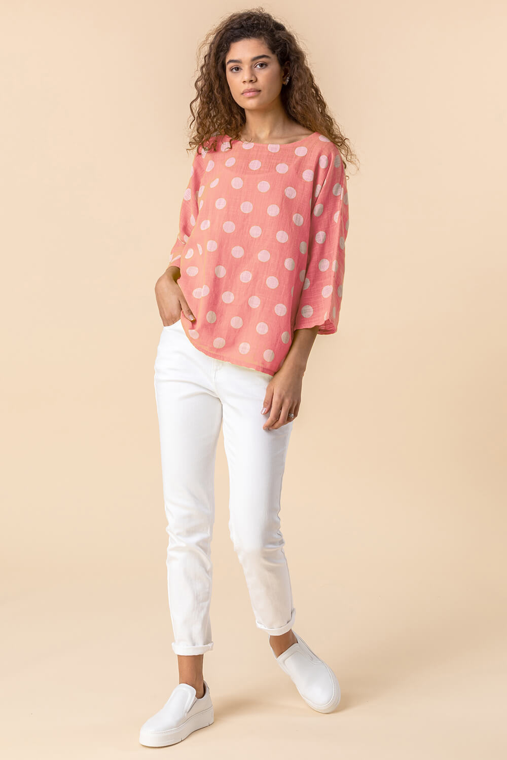 CORAL Spot Print 3/4 Sleeve Top, Image 3 of 4