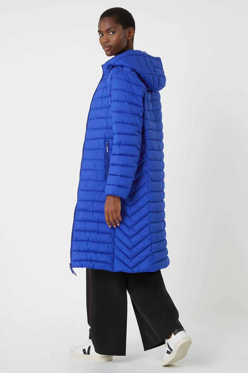 Royal Blue Longline Hooded Padded Coat, Image 3 of 6