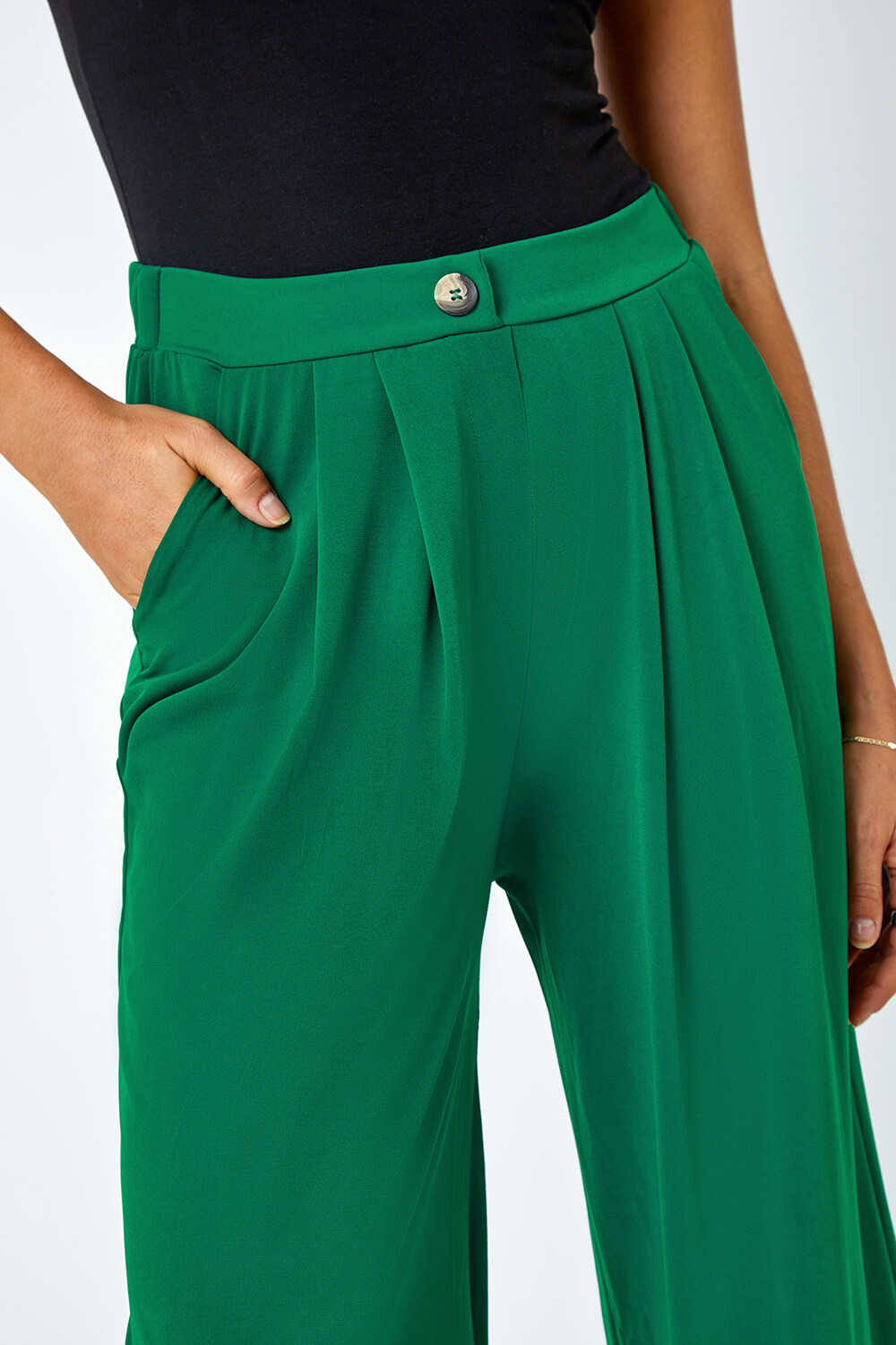 Dark Green Button Detail Wide Leg Stretch Trouser, Image 5 of 5