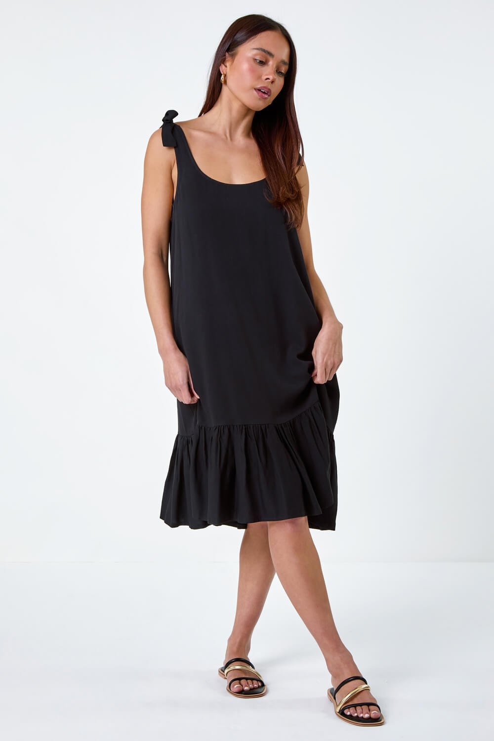 Black Petite Bow Detail Frilled Dress, Image 2 of 6